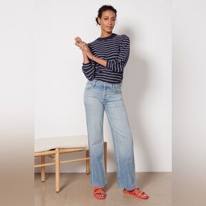 Nation LTD Britton Button Cuff Puff Sleeve Striped Blouse Top Medium Navy Blue